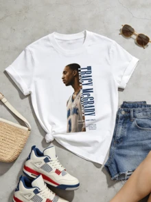 Women's Summer Casual Soft Round Neck Short Sleeve T-Shirt,Basketball Star TM Print Graphic Suitable For Spring And Summer Wear. - Blanco - Ver 5