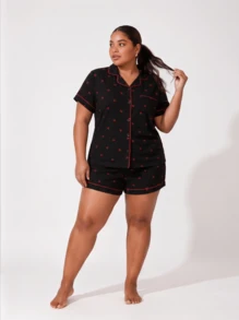 Snug League Plus Size Women Bubble Crinkle Cherries Print Short Sleeve Shirt & Shorts Pajama Set, Outfits - Black - View 8