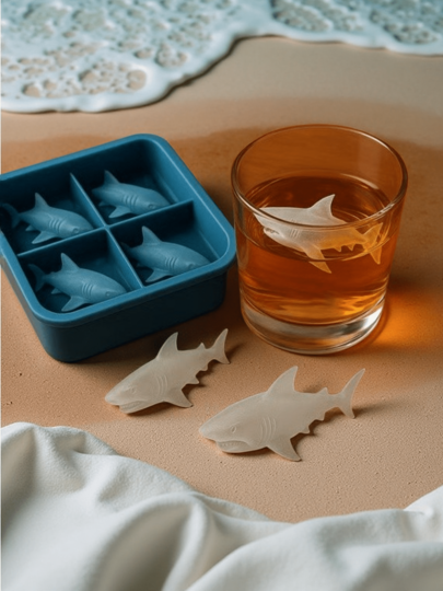 1PC Multi-Functional Shark Silicone Tray Kit, Non-Stick 4-Hole Mold Plate, Stackable Easy Clean Ice Dessert Mold, Suitable For Homemade Drink Ice Cube Pastry, Indoor Refrigerator Daily Entertainment Use,Ice Tray