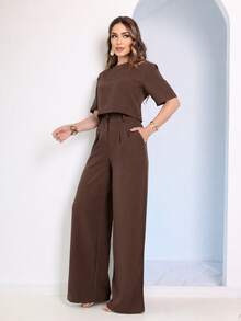 Women's Blouse And Wide-Leg Pants Set - Coffee Brown - View 2