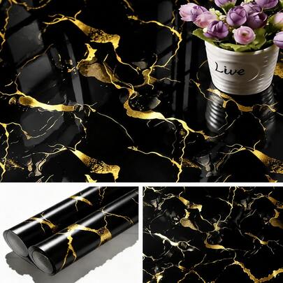 1 Roll Thick Black & Gold Glossy Marble Self-Adhesive Wallpaper, Waterproof, Oil-Resistant, Durable, Removable And Reusable, Suitable For Bedroom, Living Room, Bathroom, Kitchen Wall Decor, Furniture Decor, Rental Friendly
