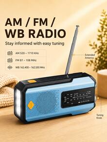 可攜式緊急收音機，附太陽能板與手搖發電、AM/FM/WB 收音機、3 LED 手電筒、USB-C 充電、SOS 警報、手機行動電源，家用 - 查看 8