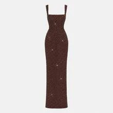 Glamorous Sheath Square Neck Sleeveless Sparkly Brown Sequin Maxi Dress Evening Party - 棕色 - 查看 3