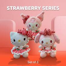 SANRIO 三丽鸥 23厘米毛绒娃娃（Hello Kitty/My Melody/Kuromi）可爱草莓格子裙填充娃娃，女孩生日礼物，儿童安抚娃娃，桌面摆件，节日礼物，1个，家居装饰 - 彩色 - 查看 2