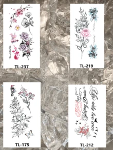4张艺术防水临时纹身贴纸，包含樱花枝、水仙花、兰花、紫玫瑰、桃花以及书法线条设计元素。经典永恒的花卉纹身设计，融合清新艺术植物和蝴蝶主题，性感酷炫的花卉图案，创新人体彩绘临时纹身，防水逼真，适用于腰部、腿部、手臂等部位，男女通用，易于粘贴和去除，可遮盖疤痕。 - 黑色 - 查看 4