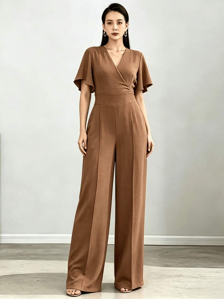Women's Jumpsuit With Wide-Leg Pants, Sleeves, And V-Neck - Duna - 棕色的 - 查看 1
