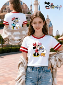 Disney Minnie Mouse Sunglasses, Sweet And Cool Vacation Style, Best Friend Print Round Neck T-Shirt, Women's Summer Sweet Style Casual Red And White Color Blocking Short-Sleeved Top (Disney T-Shirt/Teen Girl Clothes/Tween Girl Clothes/Summer Holiday Outfits/Girls Clothes/Women Trending Now/Casual Outfits For Women) - trắng - Xem 1