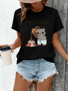 Cute Cat Spilling Coffee On A Sleepy Brain Symbolizing The Need For Energy And Creativity To Wake Up The Mind During The Day. Funny, Comfortable, Casual Women's T-Shirt For Everyday Wear. - 黑色 - 查看 8