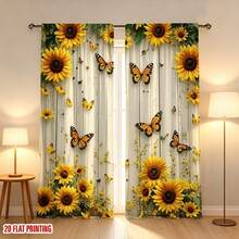 2 piezas Cortinas de poliéster semitransparentes con bolsillo para barra con patrones florales de girasol y mariposa, adecuadas para la decoración del hogar moderno en la sala de estar, el dormitorio, la cocina, cortinas de poliéster fáciles de cuidar y lavables a máquina - Multicolor - Ver 11
