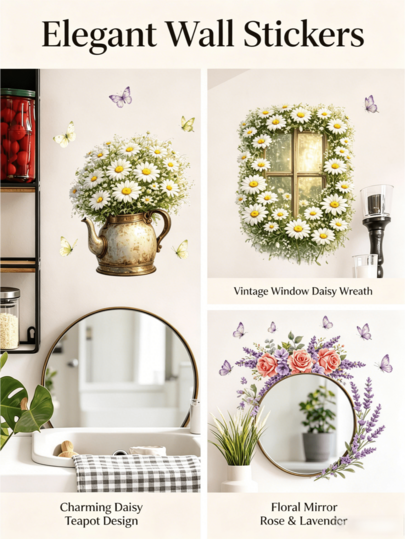 French Pastoral Style Daisy, Rose, Butterfly Wall Stickers, Self-Adhesive Waterproof Wall Decor Stickers, Suitable For Living Room, Bedroom, Kitchen, Bathroom Renovation