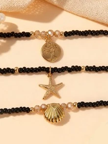 3pcs Bohemian Style Alloy Starfish, Seashell, Peace Tree Pendant Necklace Set With Colorful Beads & Elastic Cord, Suitable For Women's Daily Casual, Party, Music Festival, Beach Vacation - Black - View 3