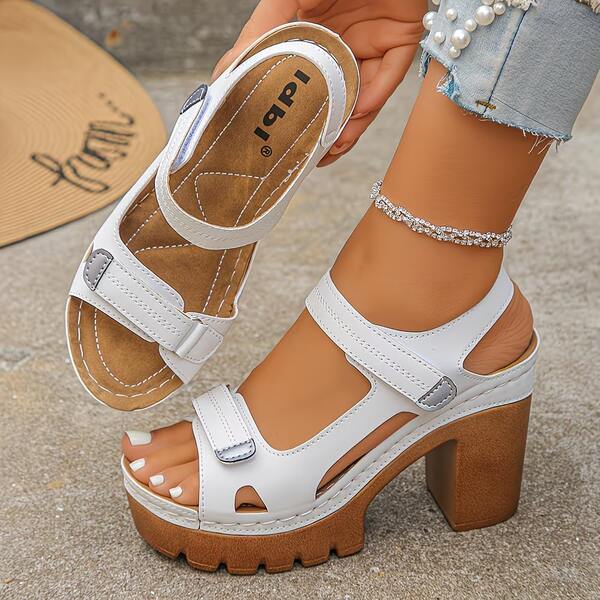 Open-Toe Platform Heeled Sandals With Hollow Design. Chunky Heel & Non-Slip Sole, Elegant Style For Parties, Vacations, Weddings And Various Occasions