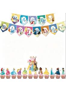 Disney 迪士尼公主主題生日派對用品套裝，包含蛋糕裝飾插牌、橫幅等，適合嬰兒派對、生日派對、家庭聚會、節日慶祝 - 彩色 - 查看 2