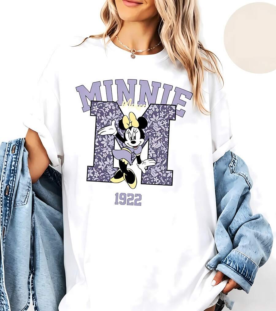 Disney Minnie Mouse Varsity Letter 1922 Graphic T-Shirt For Women, Breathable Cotton Crew Neck Tee, Casual Summer Tops De Mujer, Theme Park Vacation Outfits Women, Soft Summer Outfits For Women, Cute Retro Print Short Sleeve Tops - trắng - Xem 1