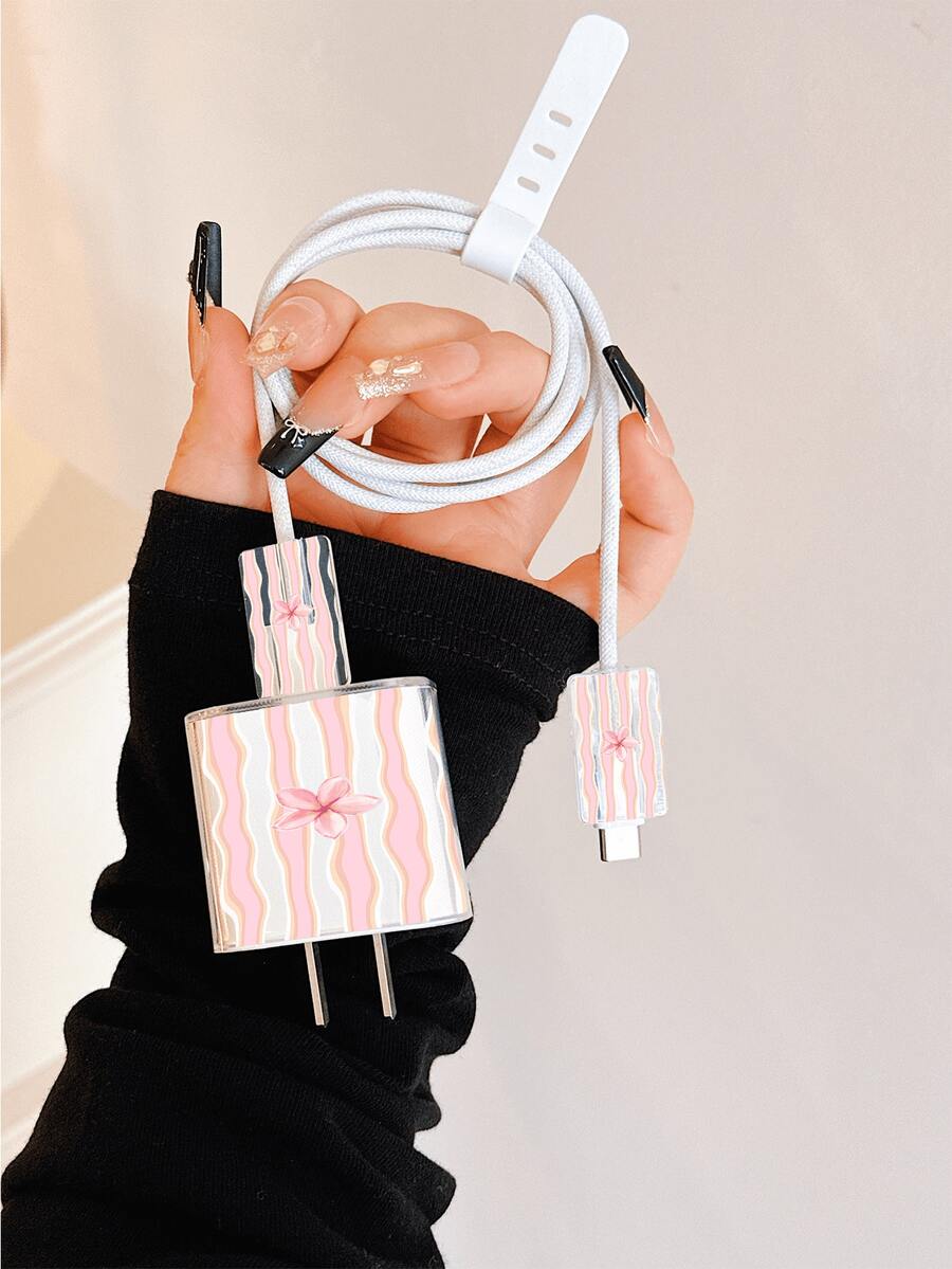 Pink Striped Floral Pattern Charger Cable Protector Case, Compatible With 20W Apple Charger, Minimalist Apple Charger Protective Cover, Fits 20W Phone 15/16 Pro Max Charging Cable Protector, Scratch-Resistant, Bite-Resistant, Suitable For 13/14 Plus/17/16 PROMAX - Multicolor - View 1