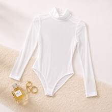 Women's Tulle Bodysuit With Long Sleeves, High Neck, Elegant, Fitted, Premium Women's Fashion - 白色 - 查看 3