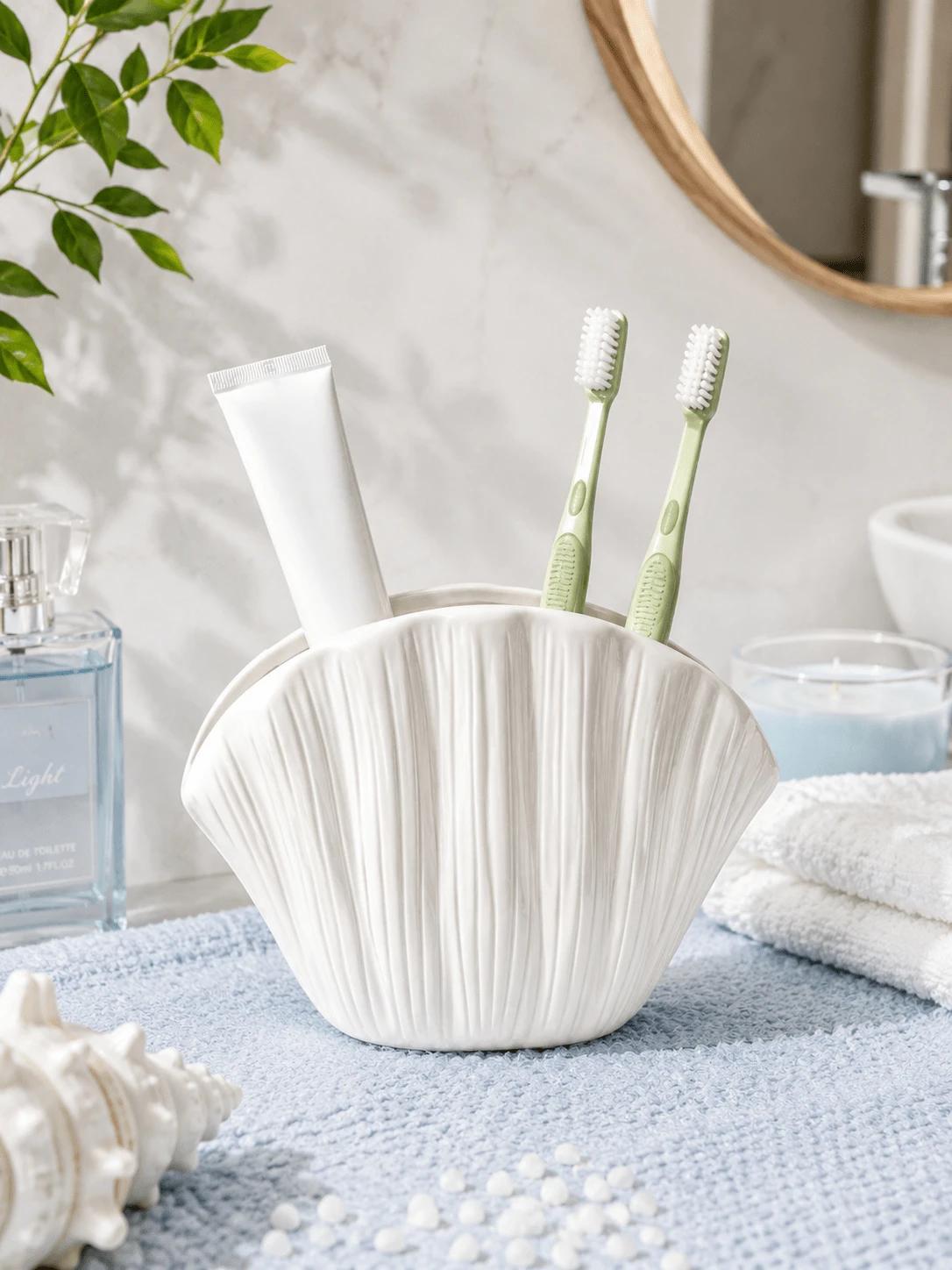 1 pieza Soporte para cepillo de dientes con forma de concha estilo nórdico, vaso de almacenamiento para encimera de baño, hermoso soporte para brochas de maquillaje con forma de concha, lindo vaso de almacenamiento para tocador, adecuado para cepillo de dientes, pasta de dientes y decoración de baño - Multicolor - Ver 1