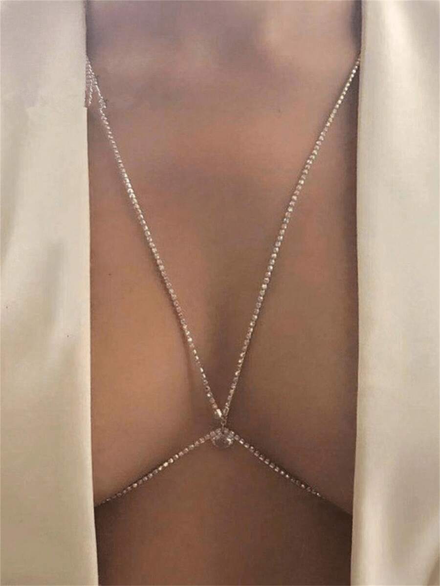 Cadena de pecho con cristales y brillantes clásica para mujer, accesorio de joyería corporal sexy para fiestas - Plateado - Ver 1