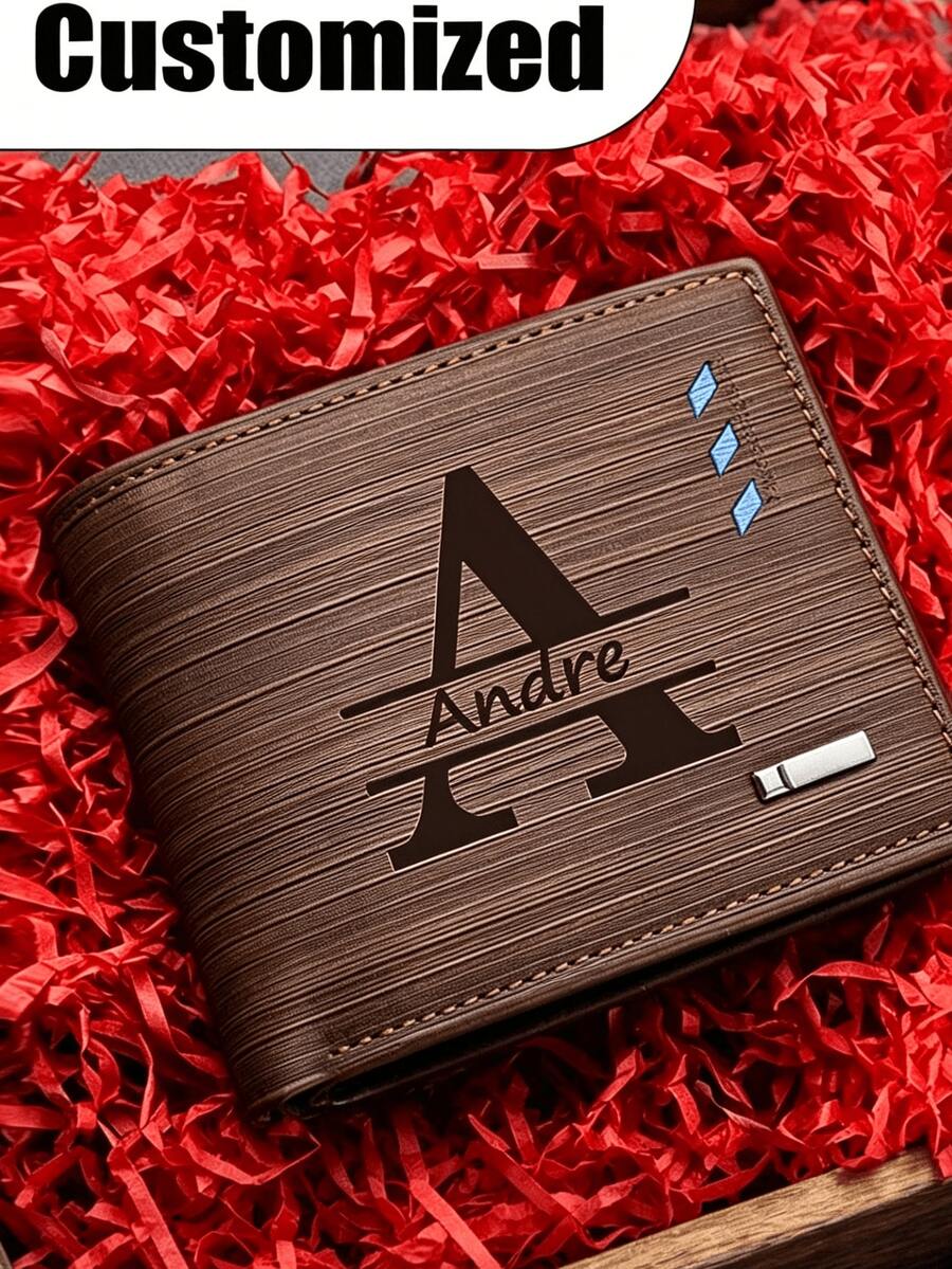 Customizable Men's Wallet (Engraved With Name/Initials) - Made Of PU Leather, This Bifold Wallet Features An ID Window, Zipper Coin Pouch, And Multiple Card Slots. Practical For Business Or Everyday Use, Making It An Ideal Gift Choice. (Available In Other Colors) - Multicolor - View 1