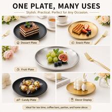 Bộ 4 món/6 món/1 set đĩa tráng miệng tròn bằng thép không gỉ 6.69 inch/17cm 3 màu kèm giá đỡ kim loại, khay đựng đồ ăn màu đen bạc vàng, phù hợp cho đồ ăn nhẹ, bánh, trái cây, tiệc tại gia và trang trí nhà bếp - Nhiều màu - Xem 9