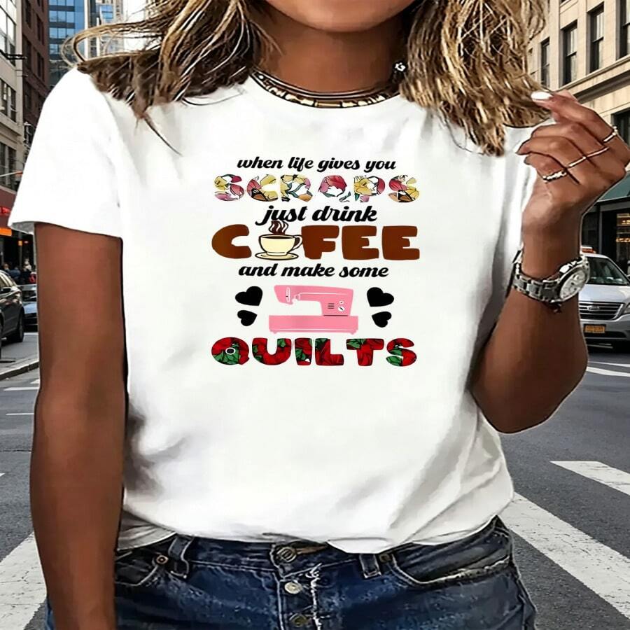 Women'S Casual Sport T-Shirt With Quilting Coffee Theme Graphic, Fun Text Design, Comfort Fit, Short Sleeve, Ideal For Daily Wear Or Crafting Enthusiasts - Multicolor - View 1