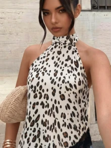 Women's Satin Retro Leopard Print Sexy Camisole Top, Asymmetric Hem, Backless Design, Contrast Lace Trim, Regular Length Vacation - Chocolate Brown - View 4