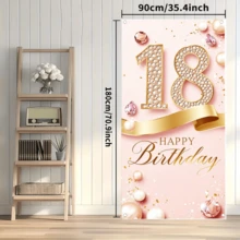 1件粉色18岁生日横幅，采用钻石“18”和“生日快乐”设计，由涤纶面料制成，适合生日派对、主题聚会、室内/室外、庭院、走廊、入口、房间装饰和布置。 - A - 查看 9