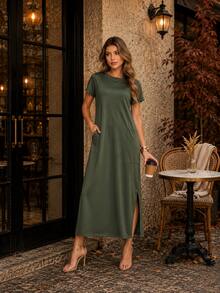 Comfortable Women's Midi Dress With Practical Pocket And Side Slit - Casual And Elegant - 墨綠色 - 查看 2