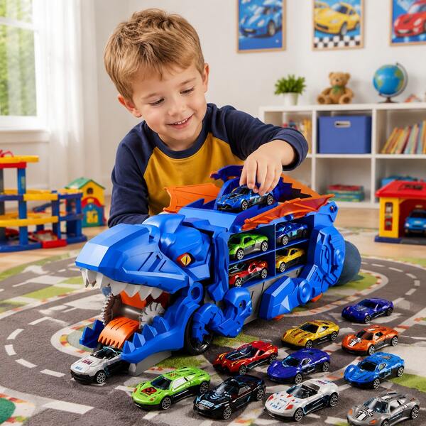 Transformed Dinosaur Boy Truck Toy With 10 Diecast Racing Cars, Dinosaur Transport Car With Wings And Handle For Kids, Birthday Gifts For Boys & Girls