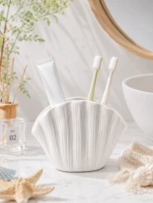1 pieza Soporte para cepillo de dientes con forma de concha estilo nórdico, vaso de almacenamiento para encimera de baño, hermoso soporte para brochas de maquillaje con forma de concha, lindo vaso de almacenamiento para tocador, adecuado para cepillo de dientes, pasta de dientes y decoración de baño - Multicolor - Ver 3