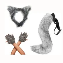 Set 3 pcs: Bando Telinga Serigala + Sarung Tangan Serigala Berbulu + Ekor, Kostum Bulu Imitasi Buatan Tangan untuk Pesta Halloween dan Permainan Peran - Grey - View 9