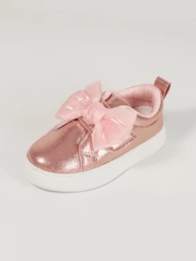 1 Pair Baby Sneakers With Bow Decor, Shiny Upper, White Sole, Side Rhinestone, Non-Slip, Suitable For Outdoor Wear All Seasons - Pink - View 7