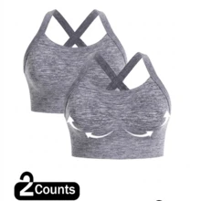 2Pcs Seamless High-Elasticity And High-Support Sports Bra,Women Underwear Detachable Chest Pad With Cross-Strap Design,Women's Fitness Solid Color Simple Yoga Bra,Women Soft And Comfortable Sports Tops - 灰色 - 查看 7