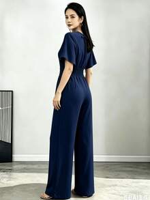 Women's Jumpsuit With Wide-Leg Pants, Sleeves, And V-Neck - Duna - 藏蓝色 - 查看 3