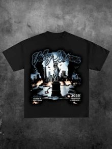 Valley Angel Rose Portrait Graphic Tee, 220g Cotton Men Retro Y2K Gothic Grunge Oversized Streetwear T-Shirt - 黑色 - 查看 1