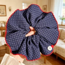 Retro Polka Dot Style, Sweet Ruffled Edge Lovely Heart Button Decor, Soft Skin-Friendly Large Size Fluffy, High Elastic Daily Hair Ties Ponytail - Multicolor - View 6