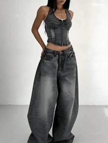 Summer Vintage Grey Wash High Waist Baggy Jeans – Wide Leg Loose Fit Denim Pants Y2K - 升級-灰色 - 查看 3