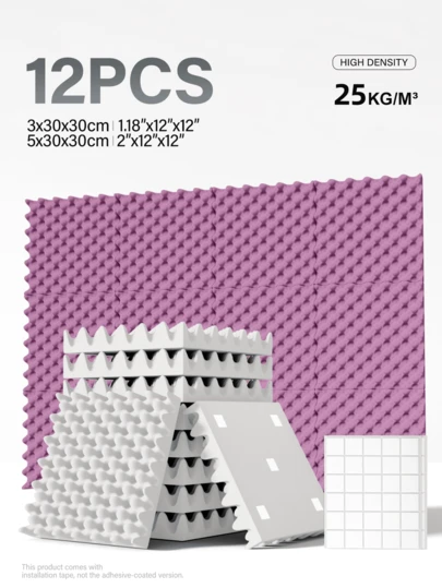 JIPO SPORT 12 tấm xốp cách âm polyester - Kích thước 12x12x1.18/2 inch, xốp hình trứng cách âm, dùng để cách âm tường, giảm tiếng vọng, cách âm khi thu âm podcast | Có keo dán hai mặt