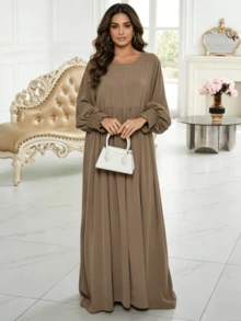 1 chiếc Abaya tay phồng kín đáo, áo choàng thanh lịch dành cho phụ nữ Hồi giáo, kiểu Trung Đông, eo xếp ly, váy công sở trang nhã dành cho người Hồi giáo, phù hợp cho phụ nữ mặc hàng ngày, mọi mùa. - Nhiều màu - Xem 3