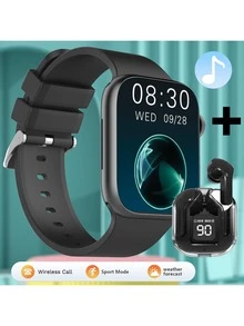 2.01" Smart Watch With Music, Call, Message, Weather, Pedometer, Fitness Tracker Functions, Comes With Wireless Earbuds - Black - View 9