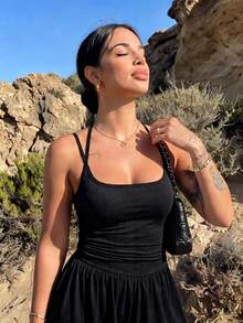 Summer Outfits For Women, Ruched Waist Sleeveless One Piece Outfit, Casual Beach Vacation Summer - Black Resort Edition - View 2