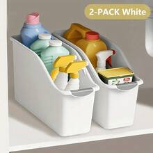 1pc No-Assembly Under Sink Storage Box, Ergonomic Curved Design With Handle, Sturdy Plastic Household Organizer, Perfect For Cabinet, Kitchen, Bathroom Daily Essentials Storage - Multicolor - View 8