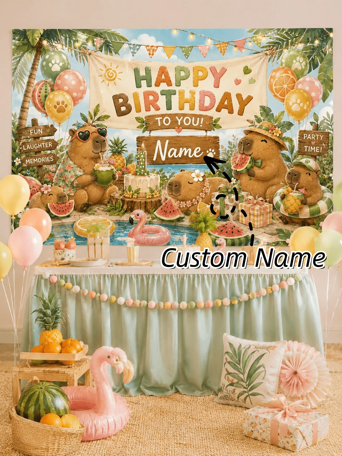Personalized Children's Birthday Backdrop Custom Name Forest Animal Party Banner, Cute Capybara Forest Theme Decoration, Baby Shower, 1st Birthday - Multicolor - View 1