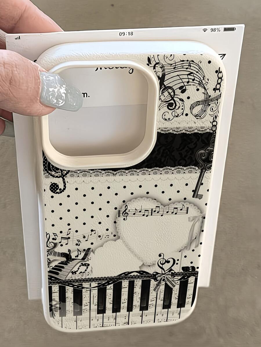 1个白色皮革纹理白色爱心和音符钢琴键图案手机壳，可个性化定制，适用于 16 Pro Max、15/14 Plus、13、12、11，保护套 - 彩色 - 查看 1