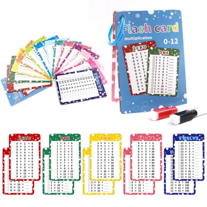 Children's 0-12 Multiplication Math Flashcards, Reusable Dry Erasable Learning Set + 2 Erasable Pens + 1 Storage Ring Card Educational Toy Set
