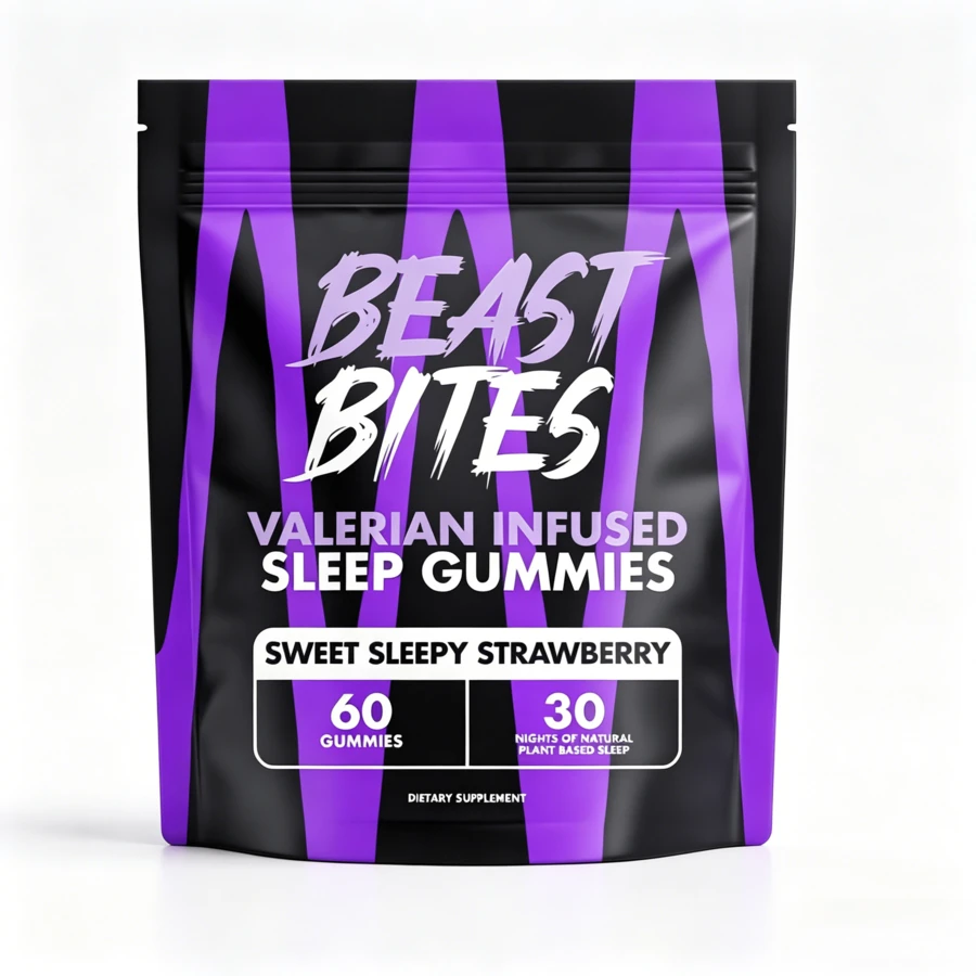Beast Bites Valerian Infused Sleep Gummies Sweet Sleepy Strawberry 60 Count Plant‑Based 30‑Day Supply Nighttime Relaxation Sleep Wellness Support Dietary Supplement - Sweet Sleepy Strawberry - View 1