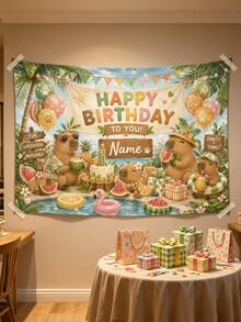 Personalized Children's Birthday Backdrop Custom Name Forest Animal Party Banner, Cute Capybara Forest Theme Decoration, Baby Shower, 1st Birthday - Multicolor - View 8
