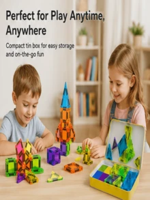 Set de 29 piezas de mini baldosas magnéticas para niños, juguete de construcción STEM DIY con lata de almacenamiento portátil, juguete educativo de construcción magnética para juego interior & exterior, regalo interactivo para padres e hijos para niños y niñas de 3+ años, colores aleatorios - Multicolor - Ver 4