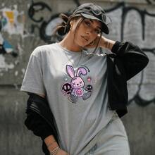 Women's Printed T-Shirt With Rabbit And Key Design, 100% Premium Cotton, Crew Neck, Plus Size, Comfortable T-Shirt/Blouse - 灰色 - 查看 2