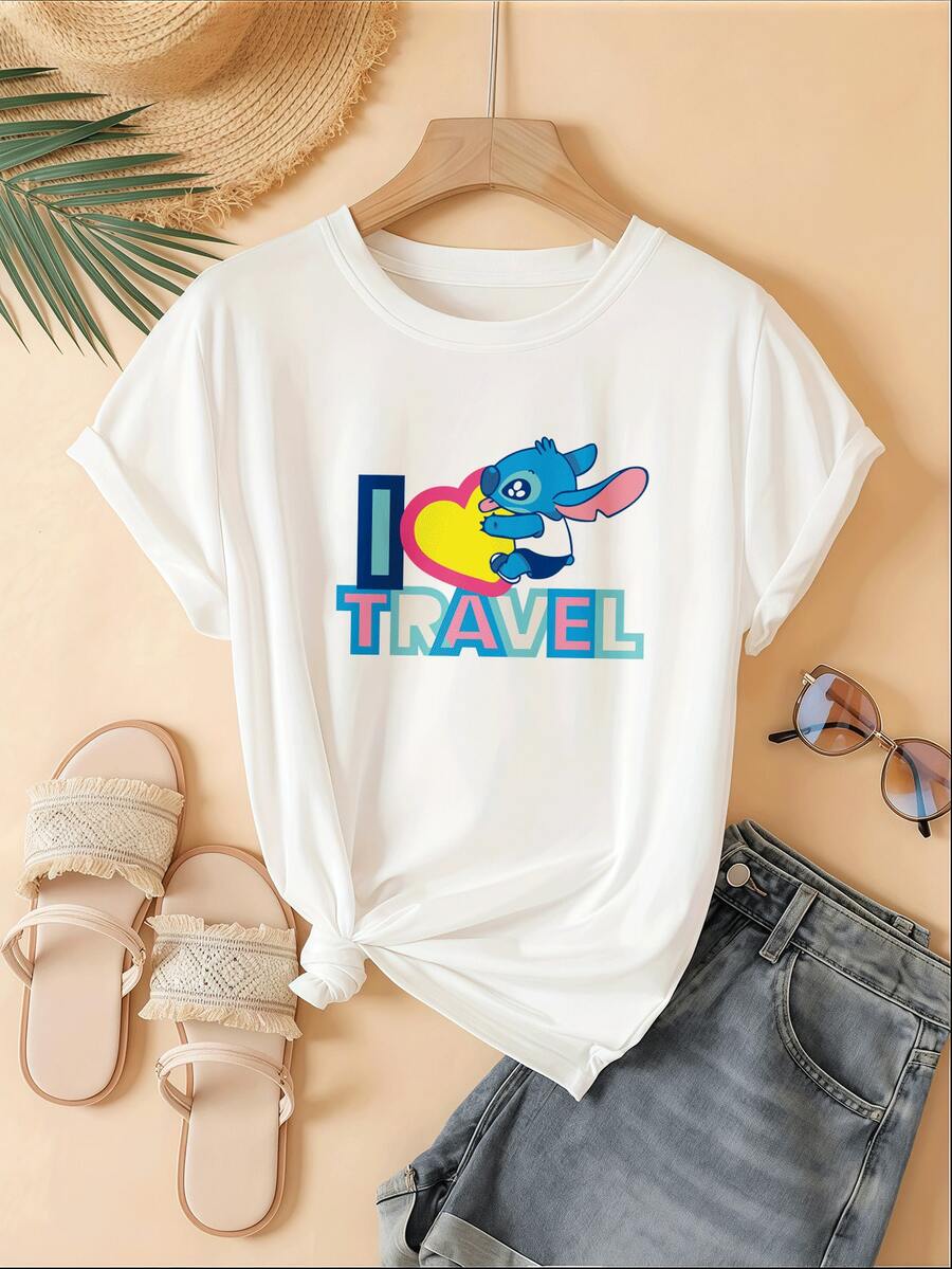 Disney This Pure White T-Shirt Features A Wide-Shoulder Design, A Crew Neck, And Short Sleeves, Making It Perfect For Everyday Wear, Especially During The Warm Spring And Summer Seasons. The Short-Sleeved Top Is Adorned With A Stitch/Lilo & Stitch Cartoon Graphic. It's Not Only An Ideal Choice For Everyday Wear But Also A Wonderful Gift For Family, Friends, And Children. - Nhiều màu - Xem 1